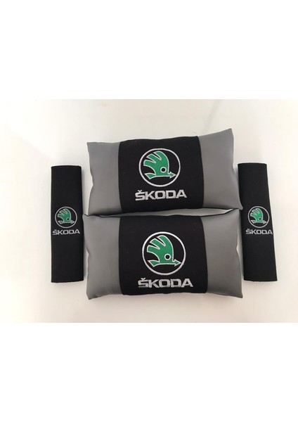 Skoda Uyumlu Nakışlı 1 Çift Oto Boyun Yastığı ve Kemer Pedi