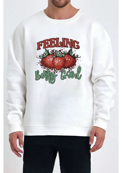 Çilek Baskılı Beyaz Unisex Kadın Erkek Pamuklu Sweatshirt CU371