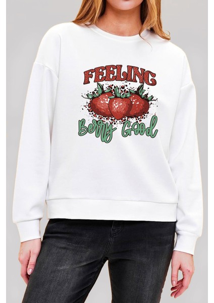 Çilek Baskılı Beyaz Unisex Kadın Erkek Pamuklu Sweatshirt CU371 fiyatları