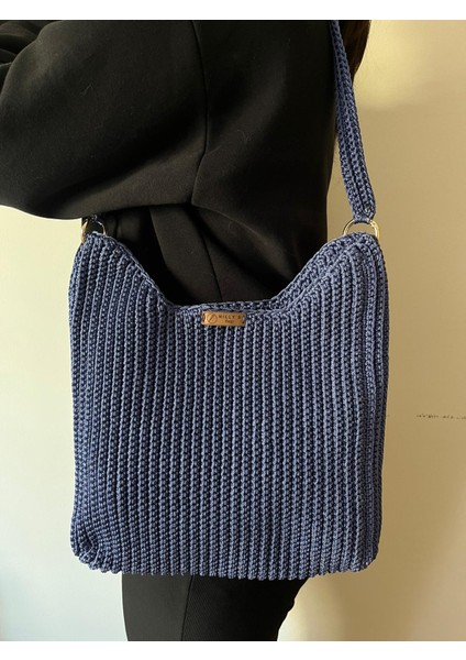 Kadın Polyester Makrome Lacivert Örgü Omuz Çantası (34X24)