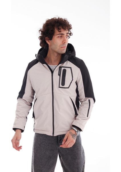 Erkek Kapüşonlu Su ve Rüzgar Geçirmez Kapitone Içi Kürklü Elyaf Dolum Garnili Taş Softshell Mont