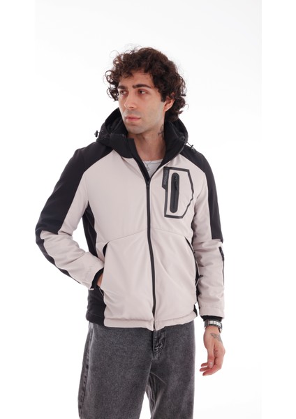 Erkek Kapüşonlu Su ve Rüzgar Geçirmez Kapitone Içi Kürklü Elyaf Dolum Garnili Taş Softshell Mont
