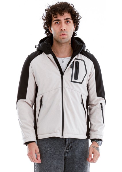 Erkek Kapüşonlu Su ve Rüzgar Geçirmez Kapitone Içi Kürklü Elyaf Dolum Garnili Taş Softshell Mont