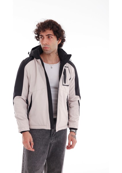 Erkek Kapüşonlu Su ve Rüzgar Geçirmez Kapitone Içi Kürklü Elyaf Dolum Garnili Taş Softshell Mont