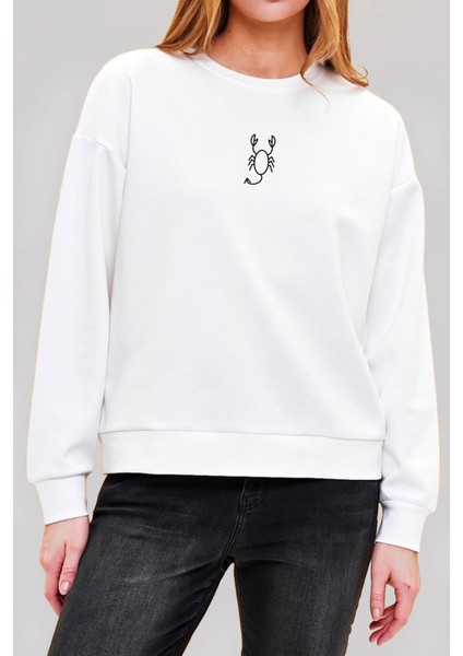 Scorpio Akrep Burç Baskılı Beyaz Unisex Kadın Erkek Pamuklu Sweatshirt CU375