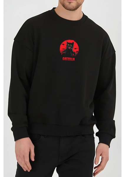 Catzilla Kedi Baskılı Siyah Unisex Kadın Erkek Pamuklu Sweatshirt CU370