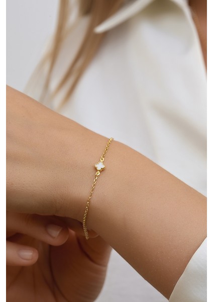 14 Ayar Altın Beyaz Yoncalı Bileklik