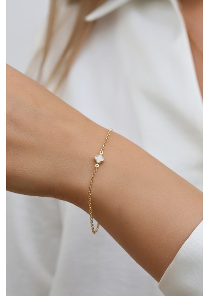 14 Ayar Altın Beyaz Yoncalı Bileklik fiyatları