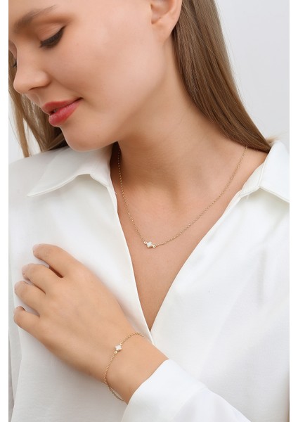 14 Ayar Altın Beyaz Yoncalı Bileklik modelleri