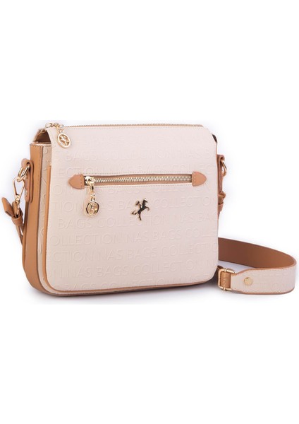 Kadın Çapraz Çanta Kalın Ayarlanabilir Askılı Çanta Krem Camel Gofraj (En: 26 cm, Boy: 22 cm )