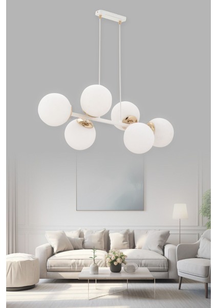 Cross 6'lı Beyaz Glob Camlı Modern Sarkıt Avize Oturma Odası Salon