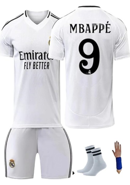 Real Madrid Mbappe 24/25 Sezon Beyaz Iç -Saha Çocuk Futbol Forması 4 Lü Set Forma+Şort+Bileklik+Çorap