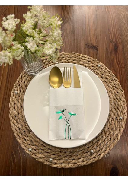 Yeşil Yaldızlı Beyaz Cepli Havuç Çiçeği Peçete 12 Adet 40X40