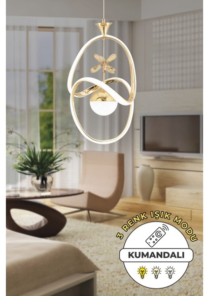 Stella Kumandalı 3 Renk Işık Özellikli Modern Gold Kaplama Sarkıt LED Avize Salon Avize