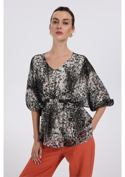 Oversize V Yaka Desenli Şifon Bluz - 3/4 Kol