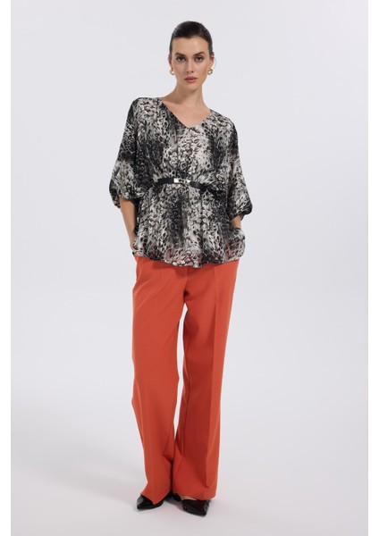 Oversize V Yaka Desenli Şifon Bluz - 3/4 Kol fiyatları