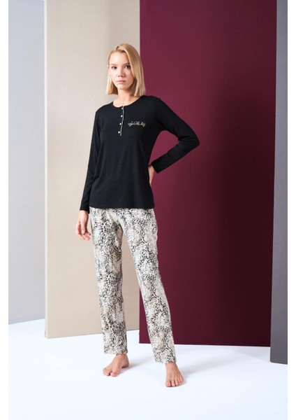 Pijama Kadın Patlı Desenli Uzun Kol Pijama Takım