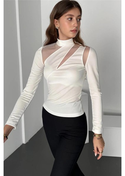 Kadın Bisiklet Yaka Uzun Kollu Cut Out Tül Detaylı Bluz
