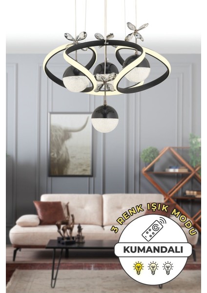 Octavia Kumandalı 3 Renk Işık Özellikli Modern Siyah Sarkıt LED Avize Salon Avize