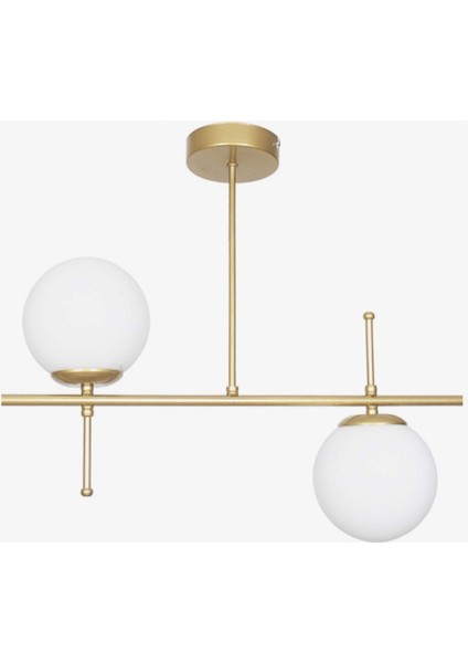 Çello Modern Tasarım Metal Eskitme Gold Renk Beyaz Camlı Yemek Masası Üstü -Salon 2 Li Avize