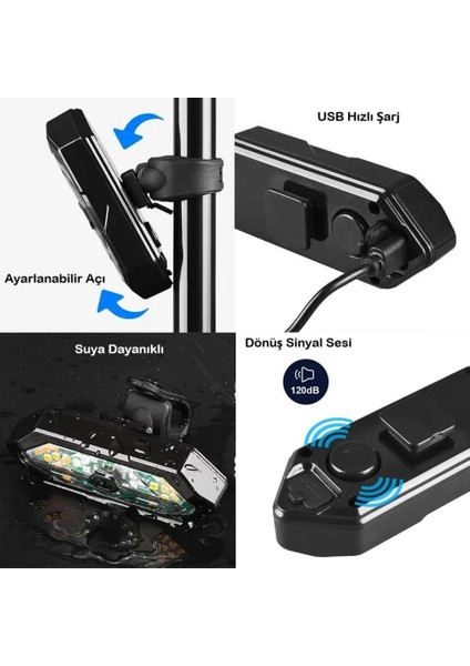 Bisiklet Scooter Dönüş Sinyali 5 Farklı Işık Şarjlı Arka LED Uyarı Işığı Uzaktan Kumanda