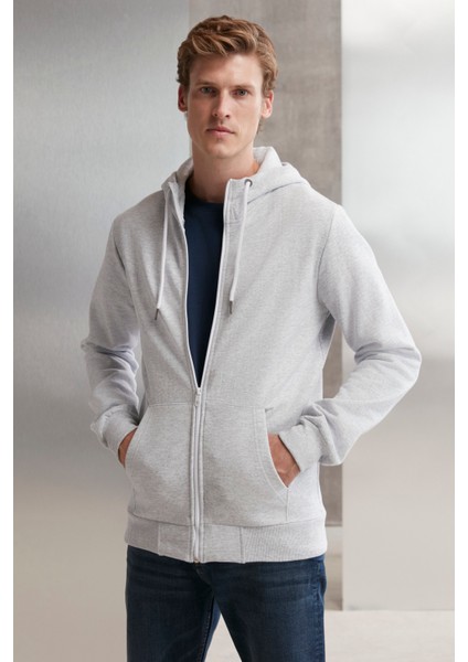 Core Erkek Fermuarlı Yüksek Yaka Kapüşonlu Kordonlu Içi Polarlı Açık Gri Sweatshirt