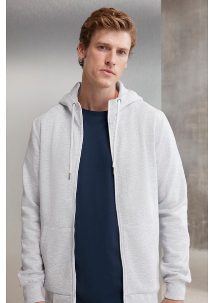 Core Erkek Fermuarlı Yüksek Yaka Kapüşonlu Kordonlu Içi Polarlı Açık Gri Sweatshirt