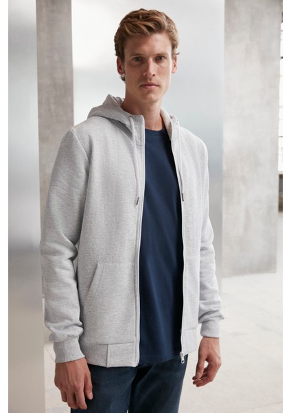 Core Erkek Fermuarlı Yüksek Yaka Kapüşonlu Kordonlu Içi Polarlı Açık Gri Sweatshirt