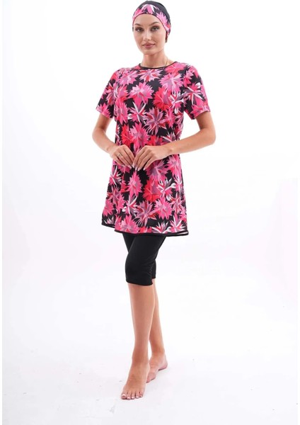 Likralı Desenli Yarı Kapalı Tesettür Mayo