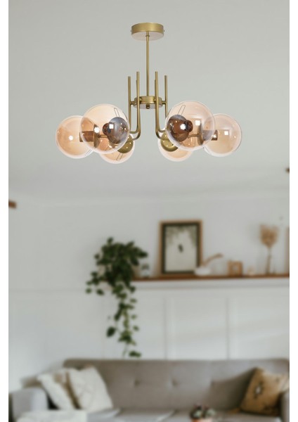 Vien Modern Tasarım Salon Yemek Odası Mutfak Eskitme Renk Camlı Sarkıt 6 Lı Avize