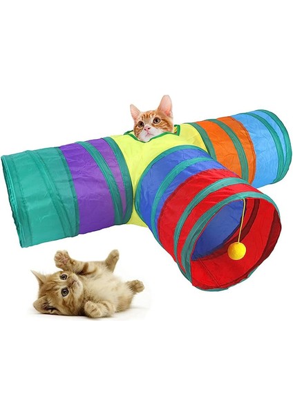 Gökkuşağı Desenli T Model Kedi Oyun Tüneli Katlanabilir 50 x 75 cm
