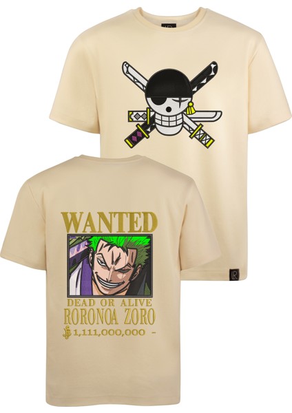 Regülar Fit Erkek Tişört Önü ve Arkası Nakış Detaylı Bej Tişört Zoro Anime Erkek T-Shirt