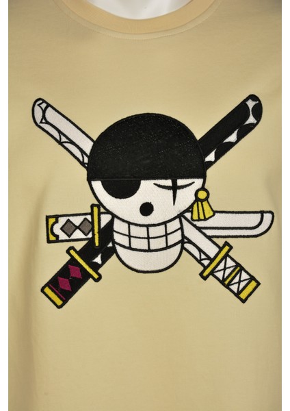 Regülar Fit Erkek Tişört Önü ve Arkası Nakış Detaylı Bej Tişört Zoro Anime Erkek T-Shirt