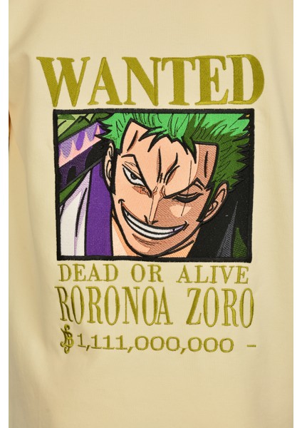Regülar Fit Erkek Tişört Önü ve Arkası Nakış Detaylı Bej Tişört Zoro Anime Erkek T-Shirt
