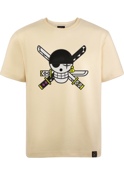 Regülar Fit Erkek Tişört Önü ve Arkası Nakış Detaylı Bej Tişört Zoro Anime Erkek T-Shirt