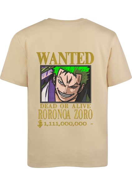 Regülar Fit Erkek Tişört Önü ve Arkası Nakış Detaylı Bej Tişört Zoro Anime Erkek T-Shirt