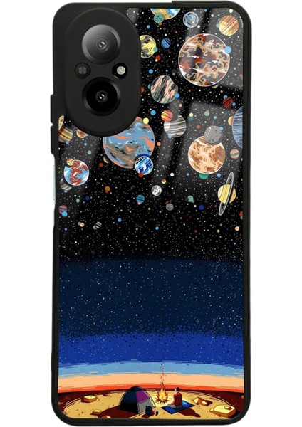 Oppo Realme 12 Lite Gezegenler Altında Kamp Tasarımlı Glossy Telefon Kılıfı