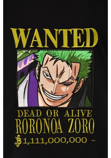 Regülar Fit Erkek Tişört Önü ve Arkası Nakış Detaylı Siyah Tişört Zoro Anime Erkek T-Shirt modelleri