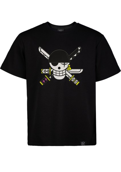 Regülar Fit Erkek Tişört Önü ve Arkası Nakış Detaylı Siyah Tişört Zoro Anime Erkek T-Shirt fırsatları