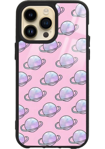 iPhone 14 Pro Max Pembe Saturn Tasarımlı Glossy Telefon Kılıfı