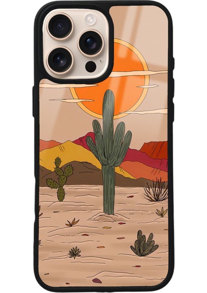iPhone 16 Pro Max Retro Kaktüs Güneş Tasarımlı Glossy Telefon Kılıfı
