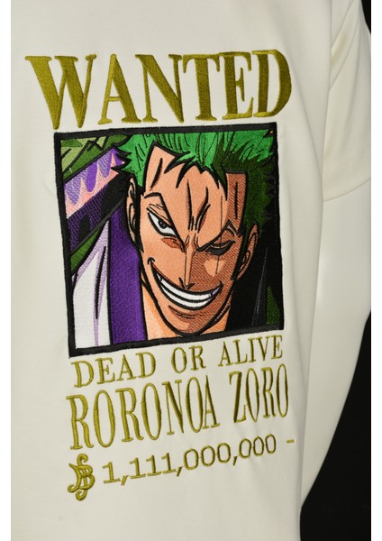 Regülar Fit Erkek Tişört Önü ve Arkası Nakış Detaylı Beyaz Tişört Zoro Anime Erkek T-Shirt