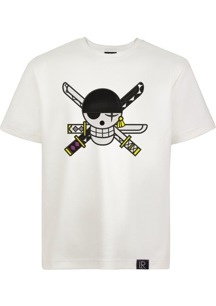 Regülar Fit Erkek Tişört Önü ve Arkası Nakış Detaylı Beyaz Tişört Zoro Anime Erkek T-Shirt