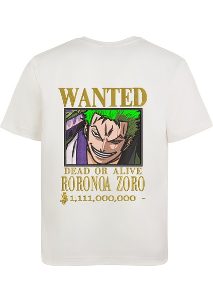 Regülar Fit Erkek Tişört Önü ve Arkası Nakış Detaylı Beyaz Tişört Zoro Anime Erkek T-Shirt