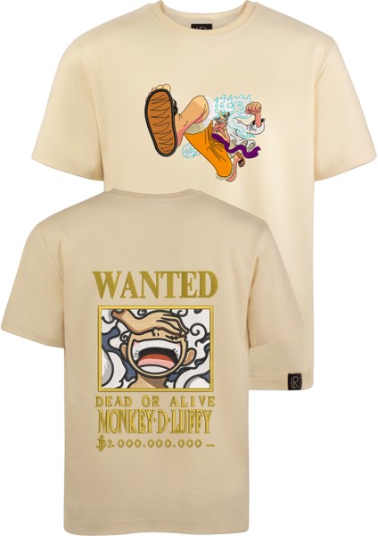 Unisex Bej Regülar Fit Tişört Ön ve Arka Nakış Işlemeli Tişört Kısa Kollu Luffy Anime T-Shirt