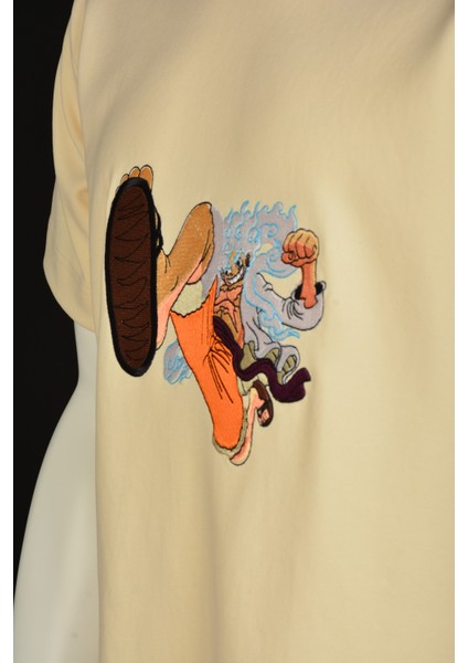 Unisex Bej Regülar Fit Tişört Ön ve Arka Nakış Işlemeli Tişört Kısa Kollu Luffy Anime T-Shirt