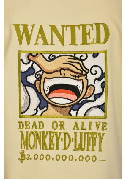 Unisex Bej Regülar Fit Tişört Ön ve Arka Nakış Işlemeli Tişört Kısa Kollu Luffy Anime T-Shirt