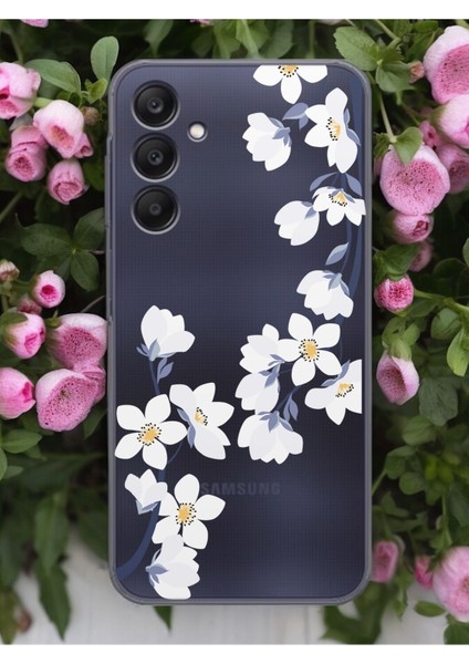 Samsung A35 Art White Flowers Tasarımlı Şeffaf Telefon Kılıfı