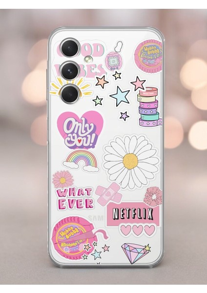 Samsung A24 Pink Sticker Tasarımlı Şeffaf Telefon Kılıfı