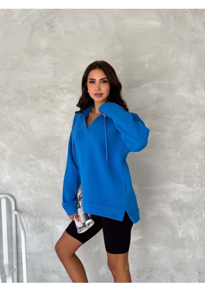 V Yaka Kapuşonlu 3 Iplik Basic Sweatshirt